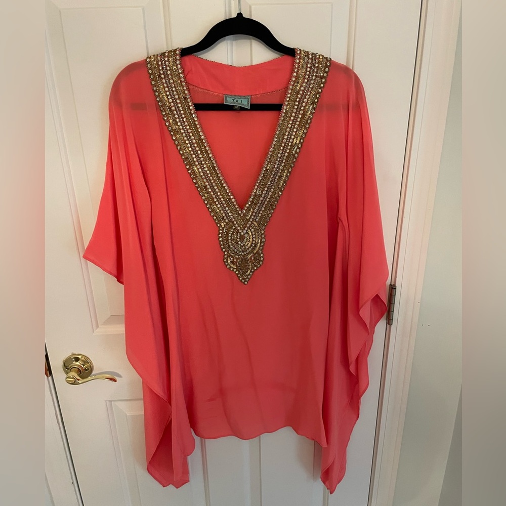 Taj embellished silk caftan mini dress, color Coral; Size Medium